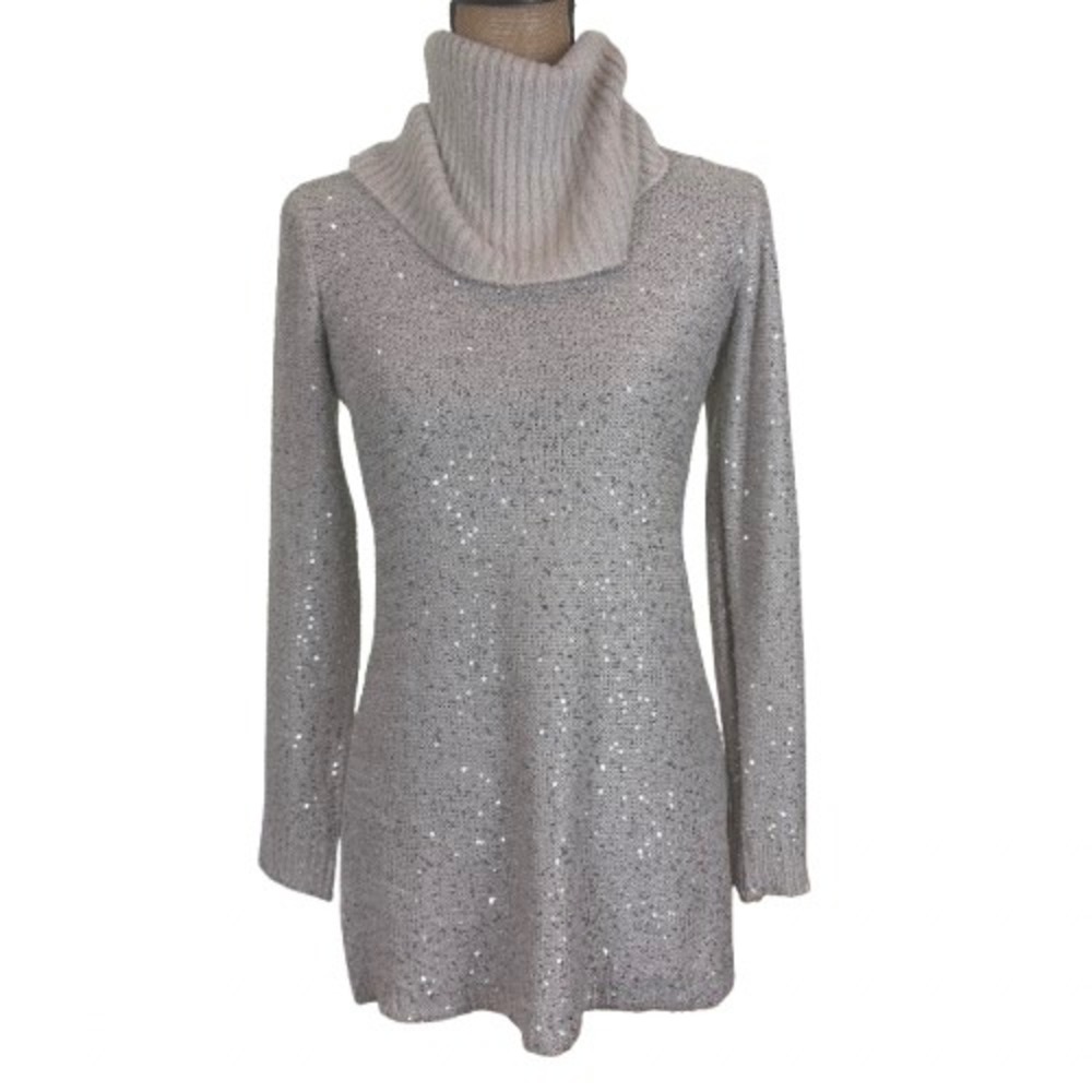 Soft Surroundings Claire Sweater Champagne Silver Sequin Cowl Neck Size Small